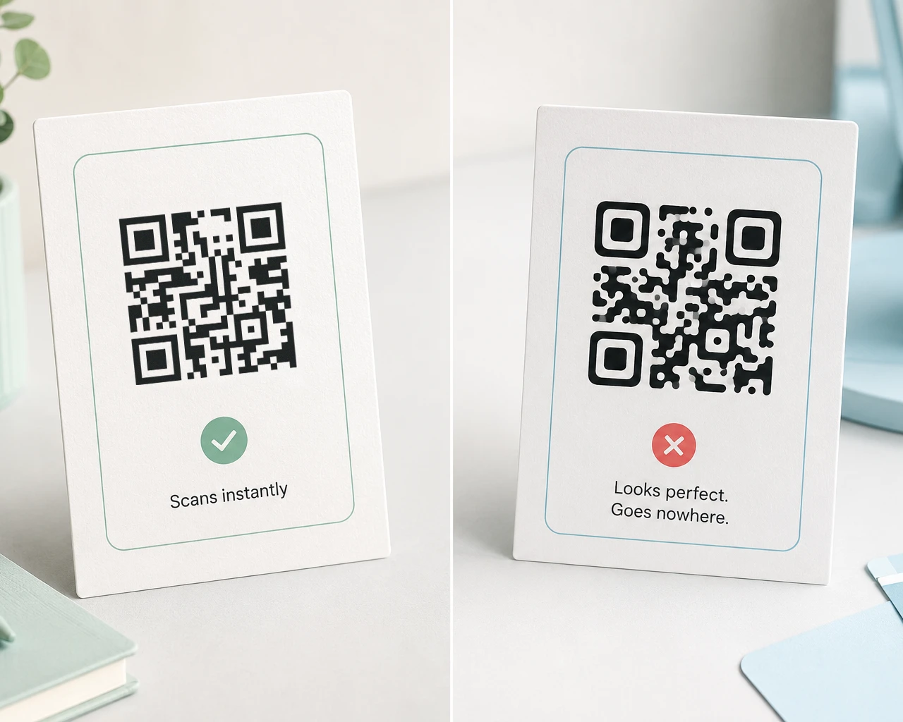 Original QR code that scans compared with an AI-enhanced QR code that looks correct but fails
