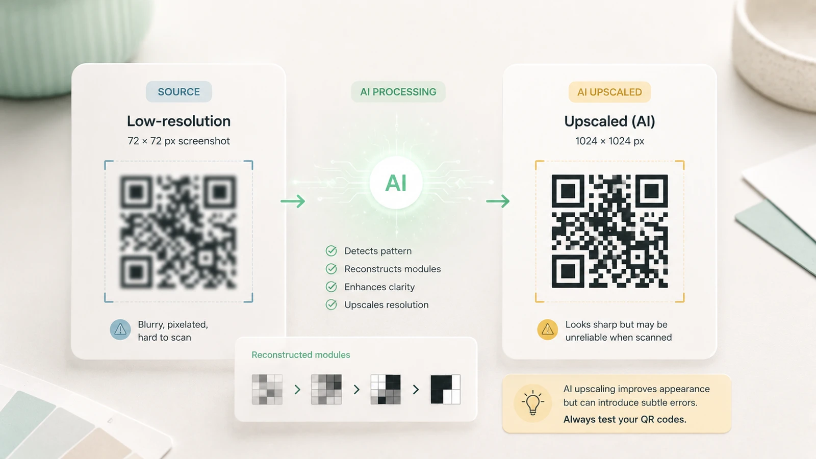 AI upscaler turning a blurry QR code screenshot into a sharp-looking but incorrect QR pattern