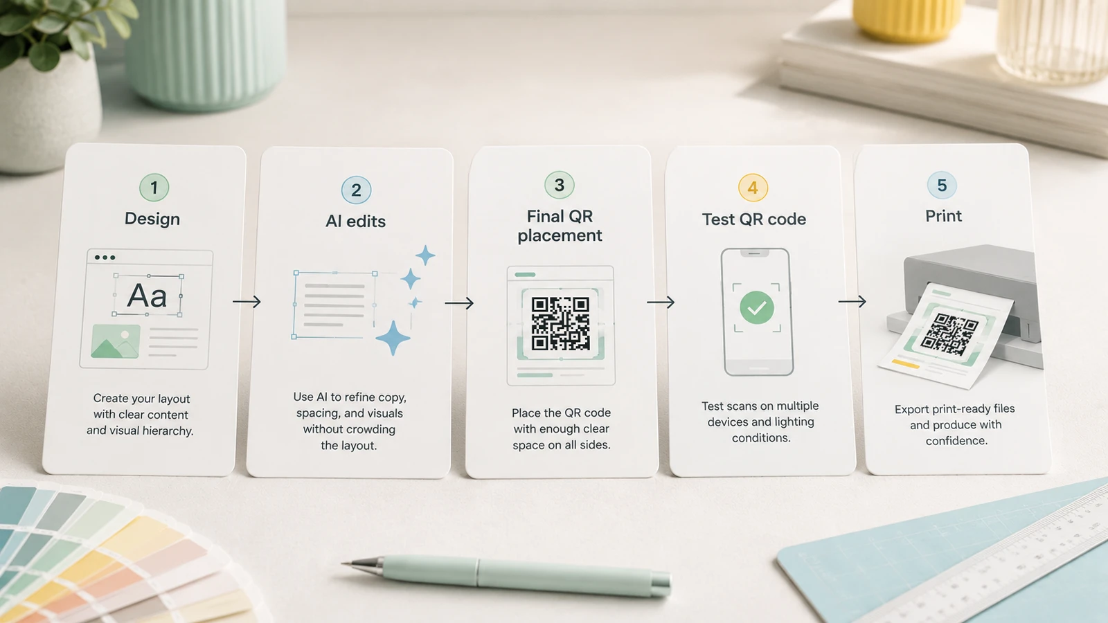 Safe QR code production workflow from design to AI edits, final QR placement, testing, and print