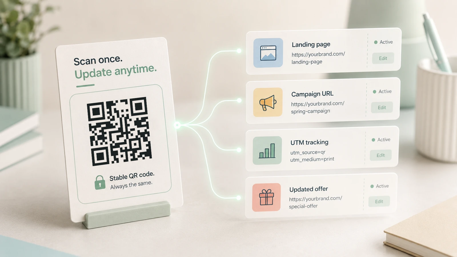 Stable printed dynamic QR code connected to editable campaign destinations