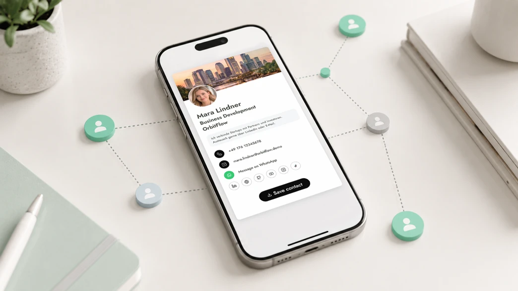 HTML digital business card on a smartphone with contact saving options
