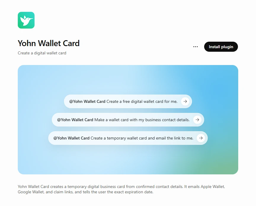 Yohn Wallet Card plugin page in ChatGPT
