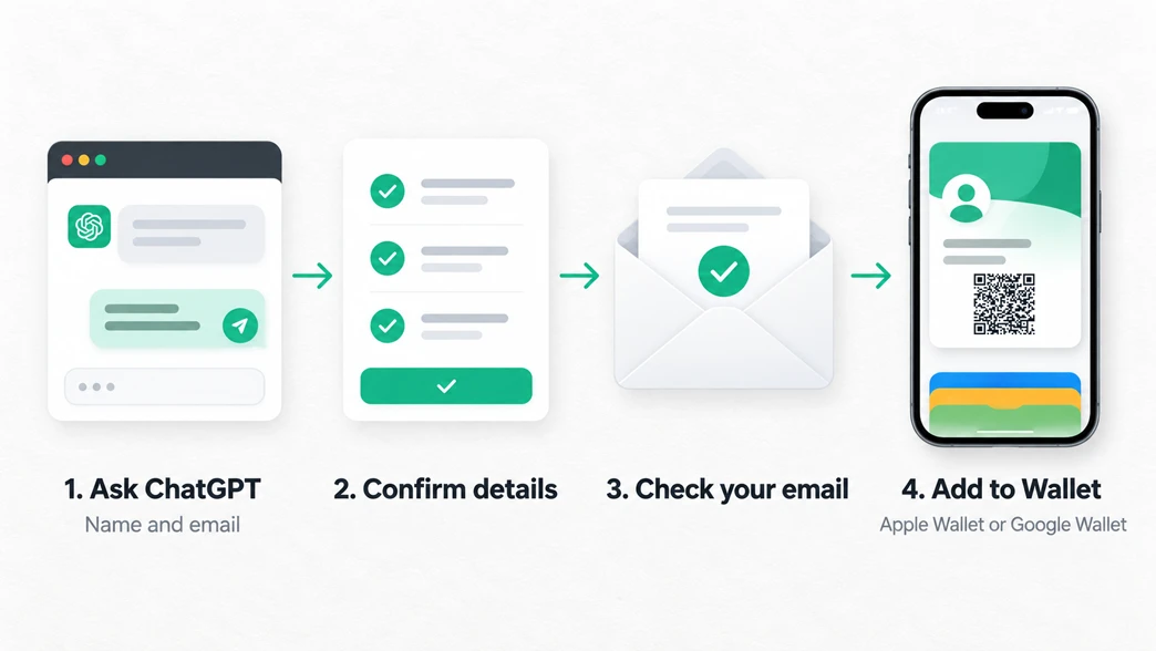 Four-step workflow from a ChatGPT prompt to a Wallet business card