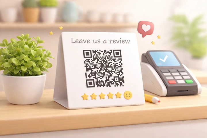 Customer scanning QR code to leave a Google review in a local shop