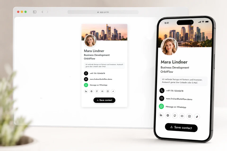 Online digital business card profile shown on desktop and mobile