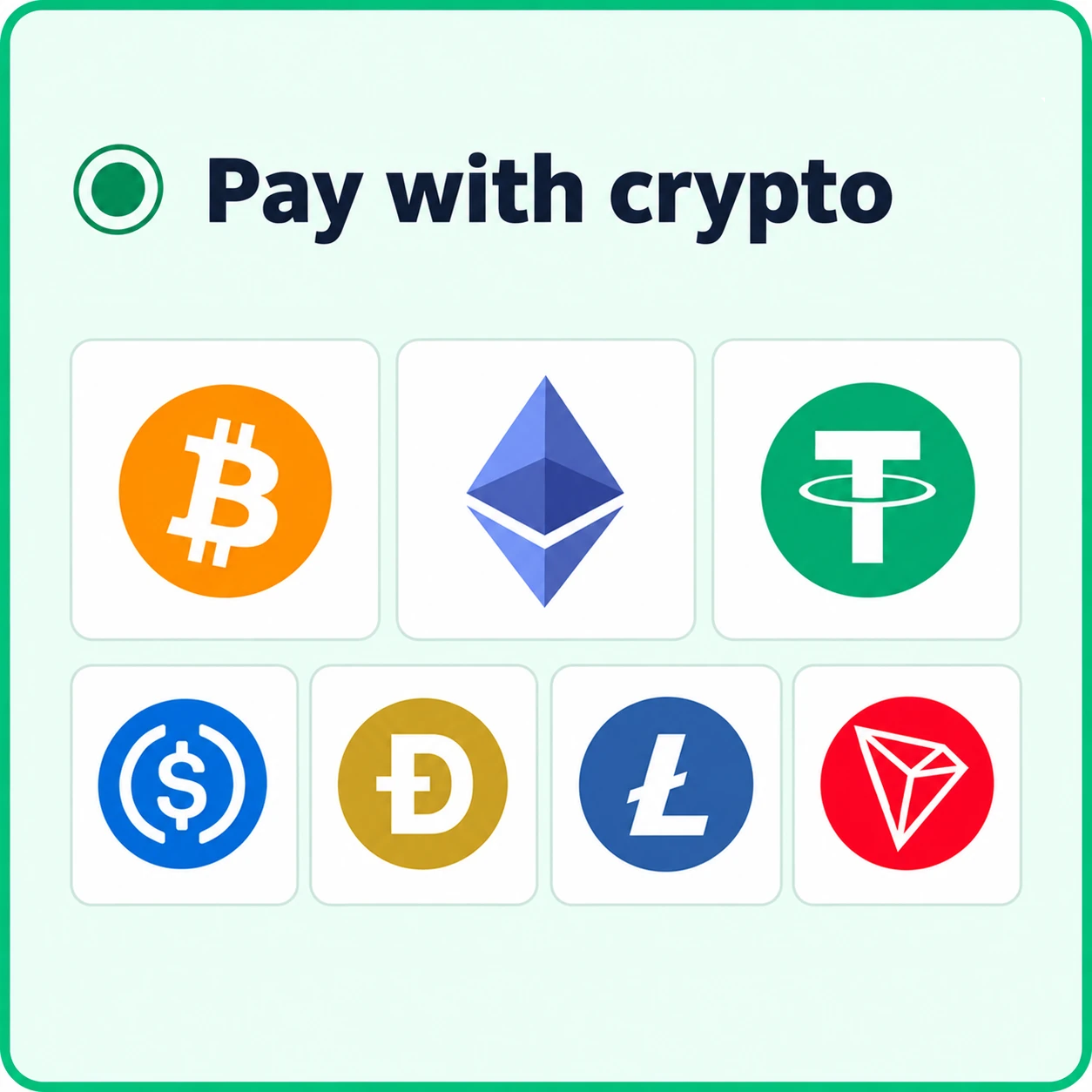 Pay with crypto option with Bitcoin, Ethereum, USDT, USDC, Dogecoin, Litecoin and TRON icons