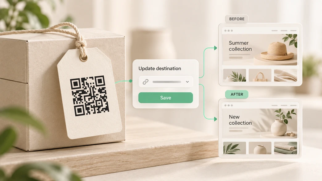 A QR code on a product tag keeps the same printed pattern while its destination changes from a summer collection to a new collection