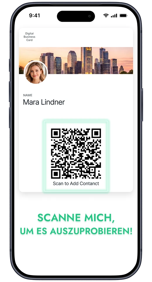 Digitale Yohn Visitenkarte in einer mobilen Wallet mit QR-Code zum Scannen