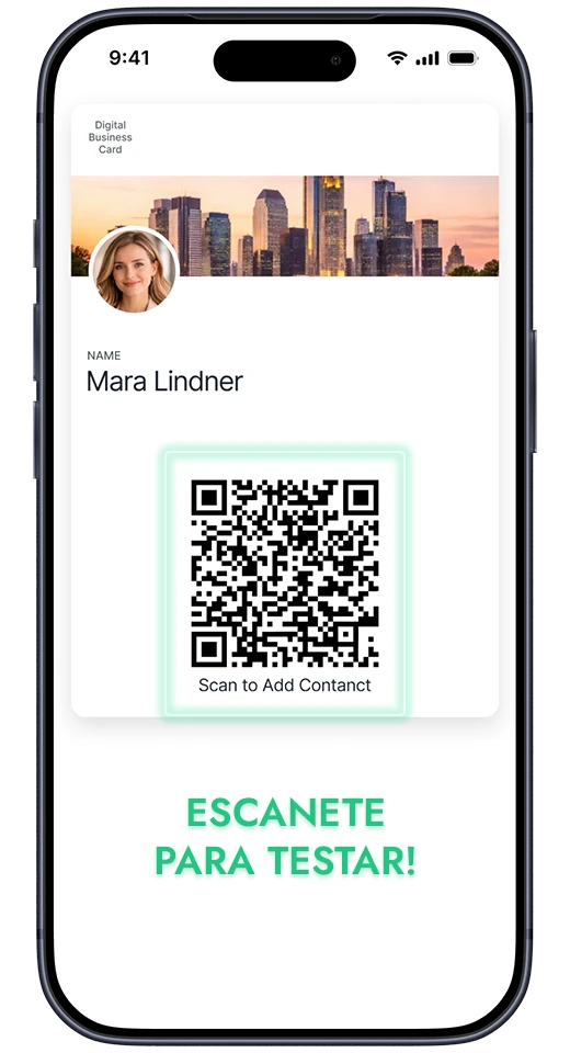 Cartão de visita digital Yohn numa carteira móvel com um código QR para digitalizar