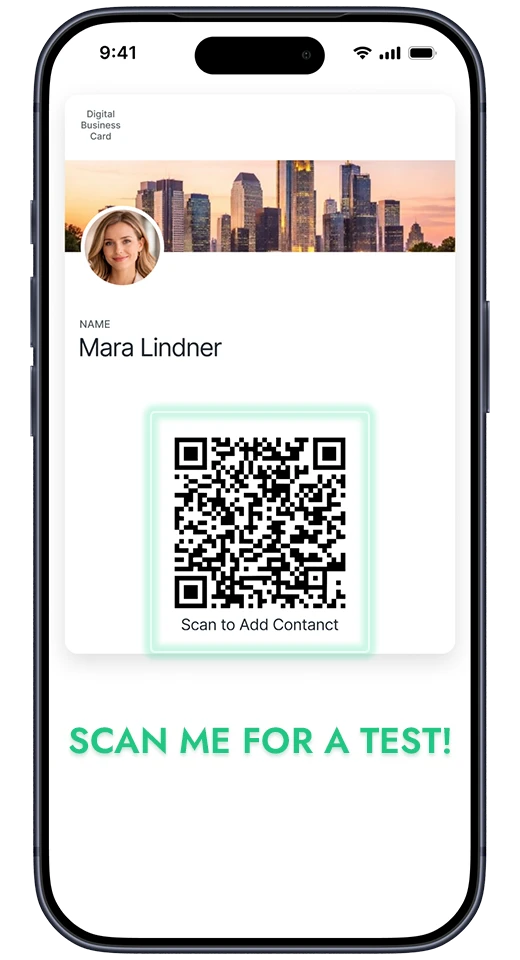 Yohn digital business card in a mobile wallet with a QR code for scanning