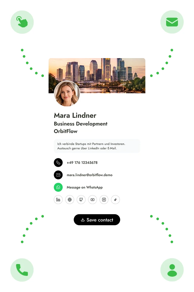 Choose LinkedIn, Instagram, WhatsApp, email, phone, or save contact from a digital business card profile